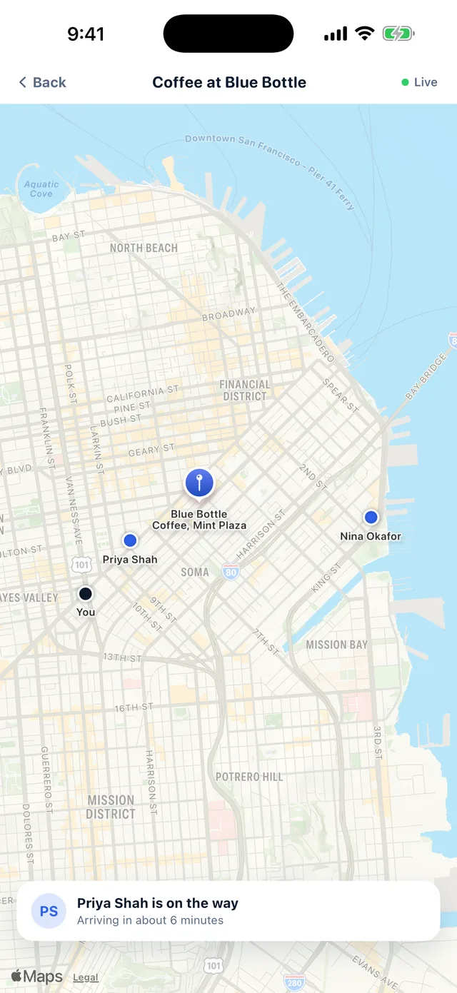 MyMeetly live map for a coffee plan, showing a friend on the way and arriving in about 6 minutes.